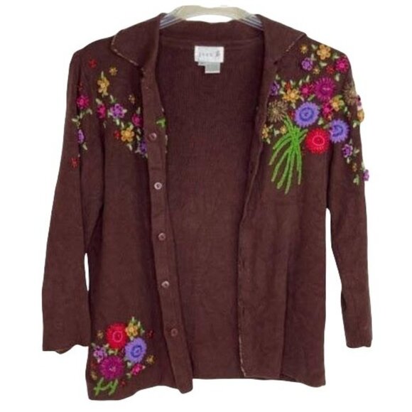 Vintage Just B Womens M Brown Front Button Sweater Floral Embroidery Collar - Picture 3 of 12